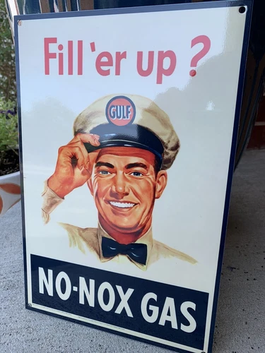 Vintage Style Gulf Fill Her Up No Nox Gasoline Steel Metal Top Quality Sign