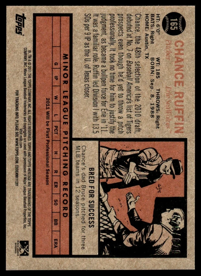 2011 Topps Heritage Minor League Red Tint Chance Ruffin /620 Erie SeaWolves #165 - Image 2 of 2