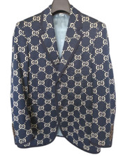 Gucci Tailored Navy Men's Jacket GG Jacquard Size 44 Cotton 521889 Suit AUTH