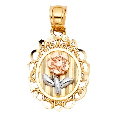 Satin 14k dreifarbig massiv Gold oval 3/4'' Rose Blume Floral kleiner Charm Anhänger