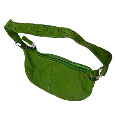 The SAK Y2K Green leather small hobo heart embroidered strap zip
