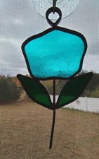 4" BLUE FLOWER STAINED GLASS ART VINTAGE SUNCATCHER WELDED METAL WINDOW DECOR