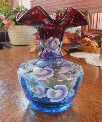 FENTON MULBERRY* ~ "Rose & Forget Me Not" ~ Hand Painted Vase ~ LE 2002 #59/1750