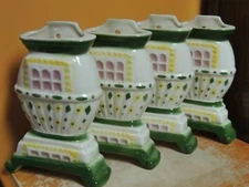 Set of 4 Art Pottery 7" Wall Pocket wood pot belly stove Mid Century USA