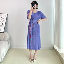Summer Women Pleated  Floral Printed Dress Commuting Short Sleeve Crew Neck