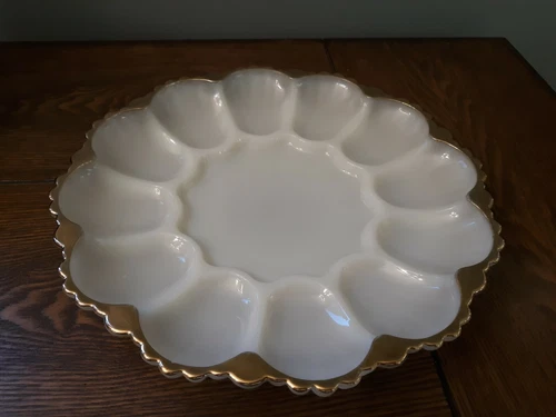 Vintage Anchor Hocking Milk Glass Deviled Egg Tray Plate Gold Scalloped Rim 10”