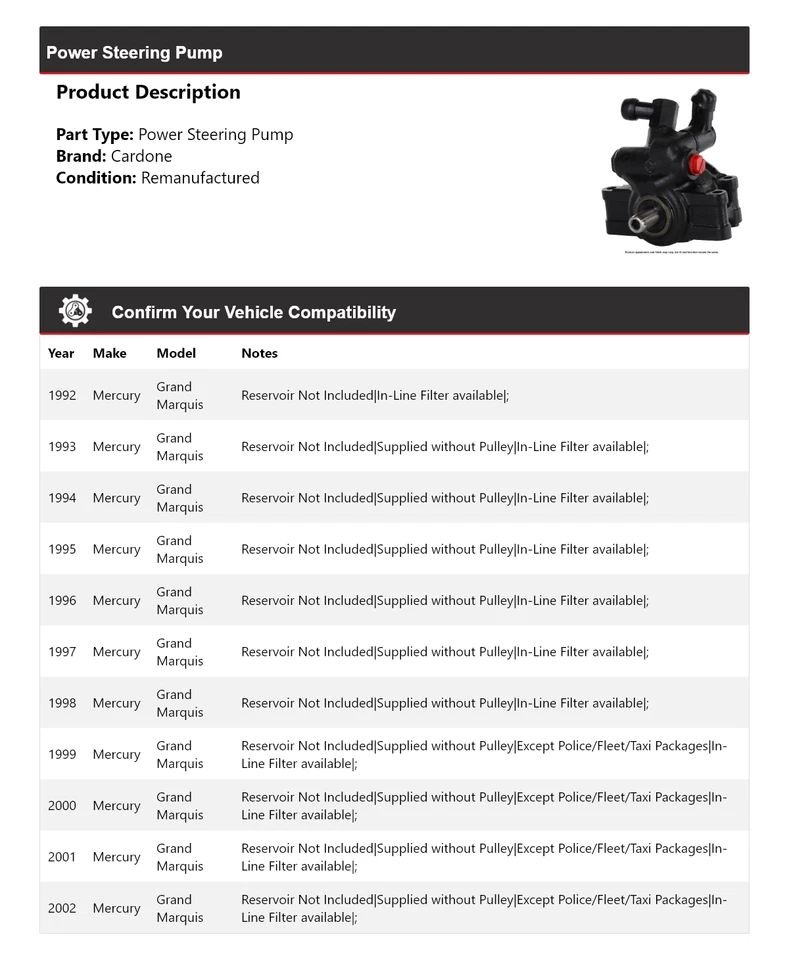 Bomba de dirección asistida Cardone para Mercury Grand Marquis 1992-2002 1993 1994 1995 Foto 2 de 4