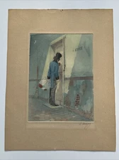 ANTIQUE COLORED ETCHING PORTRAIT MAN WITH FLOWERS FRENCH FRANCE FLOOR 5 SIGNED