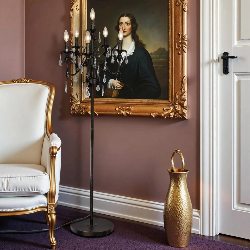 Antique Brass Crystal Chandelier Floor Lamp with 6 Candle Lights, Elegant Tra... - Image 4 of 4