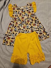 Girls Mickey And Minnie Mouse Spring Summer Outfit, Top And Ruffled Shorts.