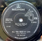 THE BEATLES "ALL YOU NEED IS LOVE"  SOLID CENTRE WITH NO "LIVE T.V. REFERENCE"