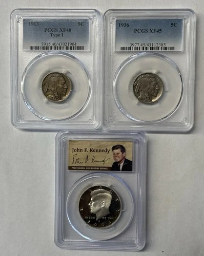 (3) Coin Lot 1913 Buffalo Nickel 1936 Buffalo Nickel 2004 Kennedy All PCGS