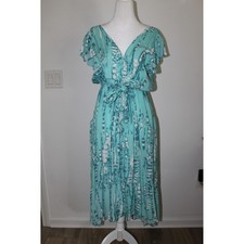 Tiare Hawaii Naturals Tie Dye Midi Dress Turquoise V-Neck Flutter Sleeve OS