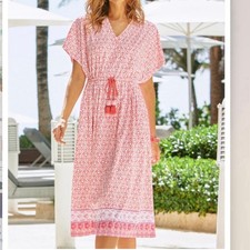 Cabana Life Napa Tie Waist Tassels Coral Orange White Midi Dress Size SMALL