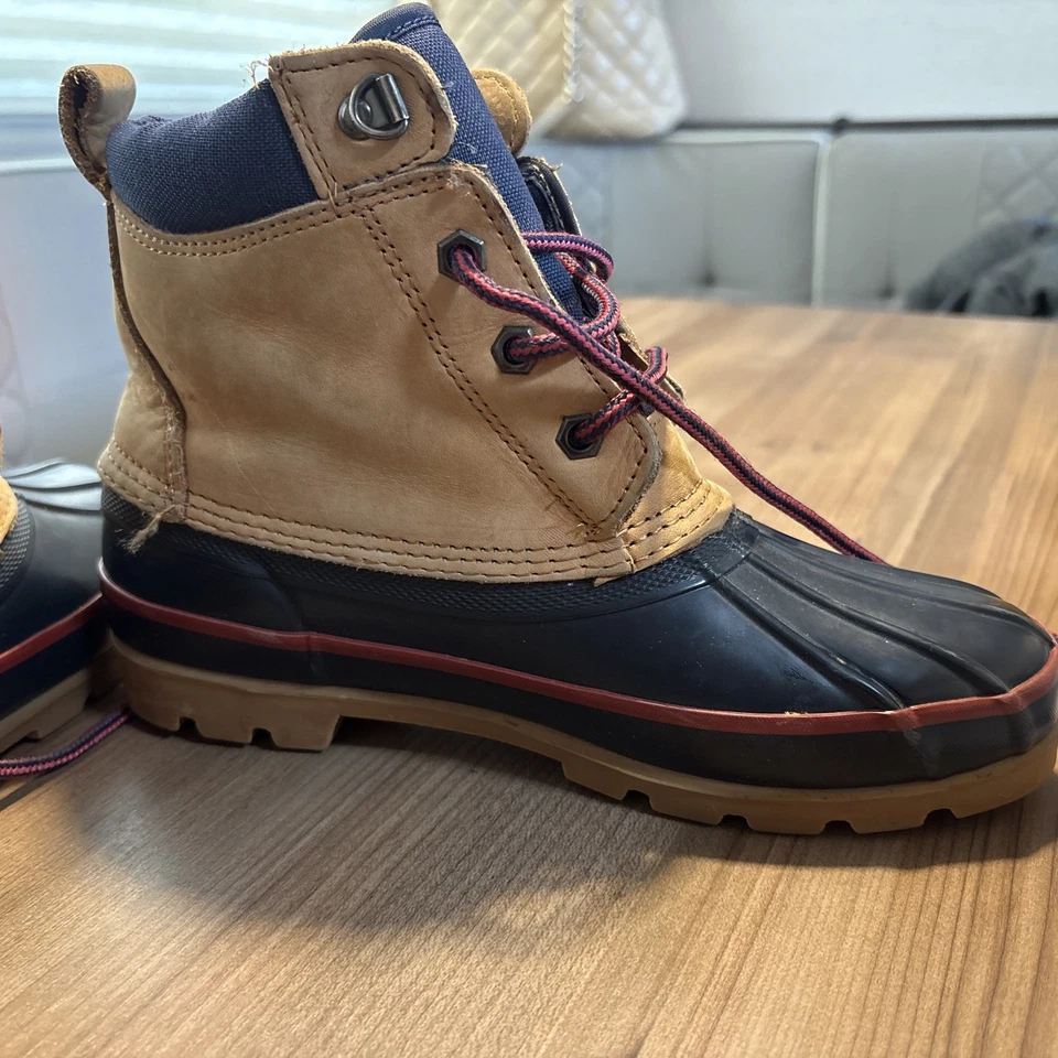 Botas de Lluvia Para Mujer Talla 8M LANDS END Botas de Pato Goma Tostado/Azul Marino Cuero Con Cordones Foto 4 de 4