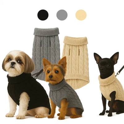 PURLOV Hunde Katzen Pullover Strick Bekleidung Mantel Rollkragen schwarz beige grau S-L