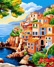 Italian Coastal Village Needlepoint Canvas - Mediterranean Port Town SD397