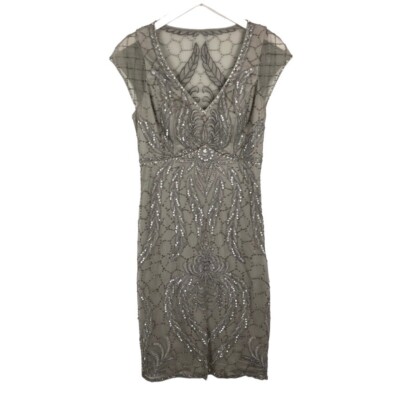 Sue Wong Sequin Beaded Mesh Cap Sleeve Cocktail Dress In Gray Silver Size 2  | eBay