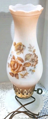 Vtg Floral White Milk Glass Hurricane Lamp Power Cord, Works