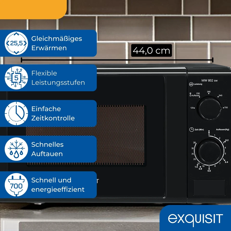 Exquisit Mikrowelle 20L, 700 Watt, 25,5cm Drehteller, Timer, MW 802 schwarz - Bild 3 von 4