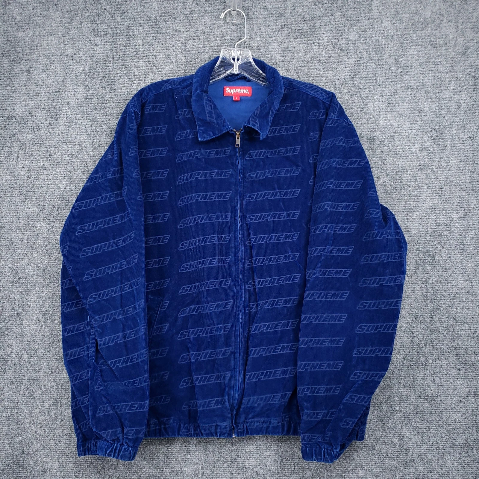 Veste Supreme homme L grand logo bleu gravé corduroy fermeture éclair complète col