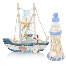 2-teiliges maritimes Deko - Segelschiff & Leuchtturm aus Holz [Auswahl variiert]