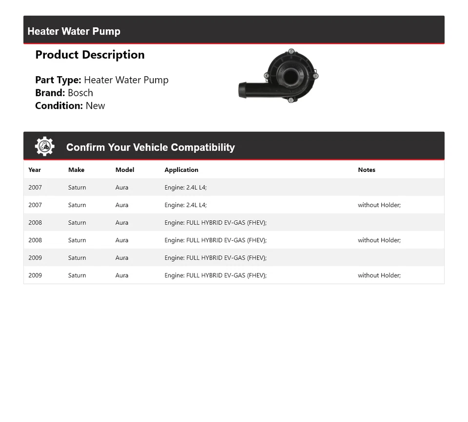 Bomba de agua calentador Saturn Aura Bosch 2007-2009 2008 Foto 2 de 4