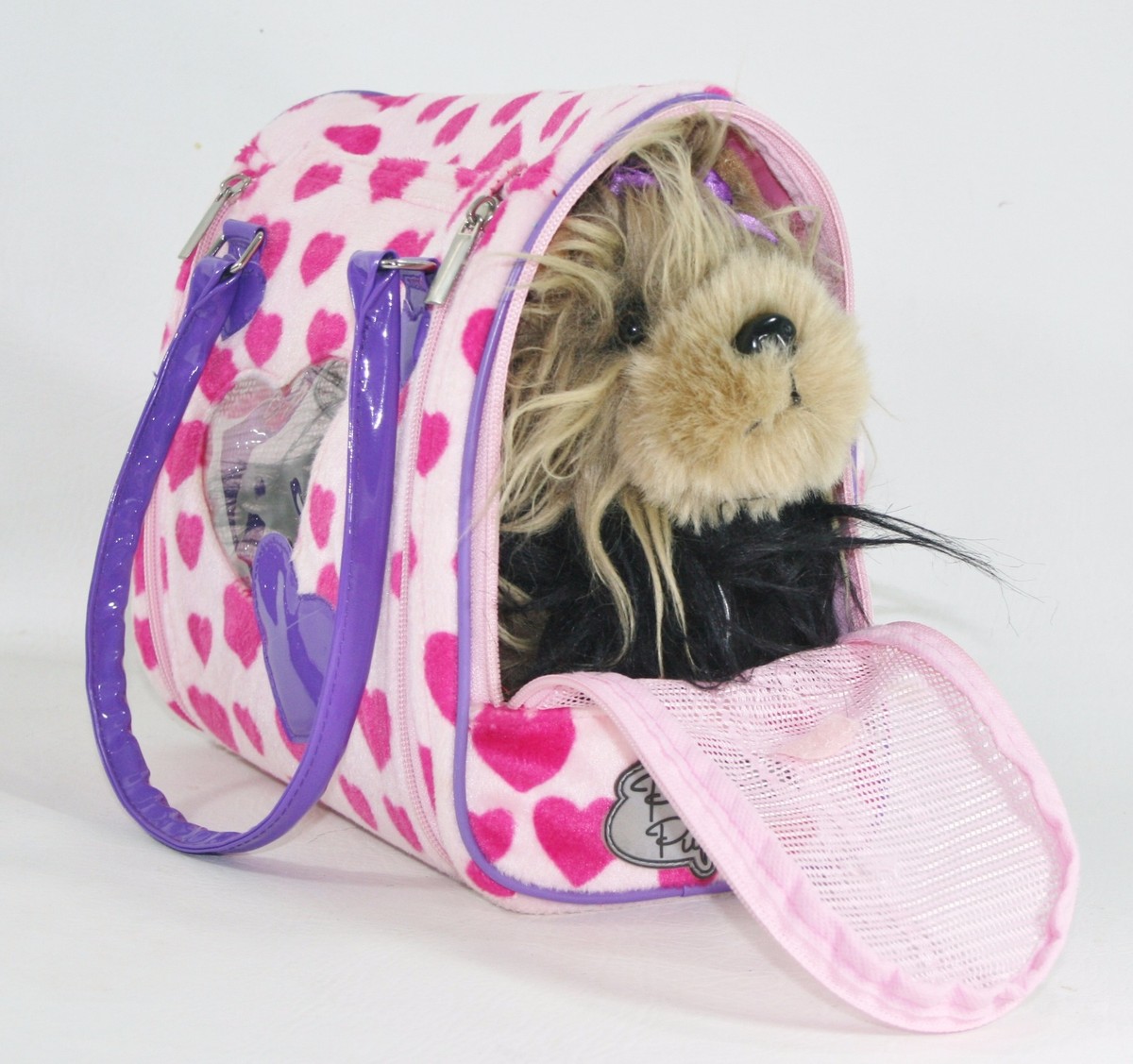 Pucci Pups Stuffed Yorkie Shaggy Pet Dog & Pink Hearts Carrier