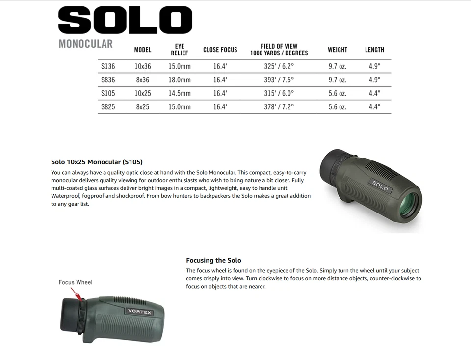 VORTEX Optics Solo Monocular 10X25mm Multi-Coated Lens Armored Case FOGPROOF - Image 3 of 4