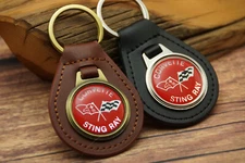 RARE Vtg 70s RED CHEVY CORVETTE STING RAY RACE FLAGS Leather Key Chain Ring Fob