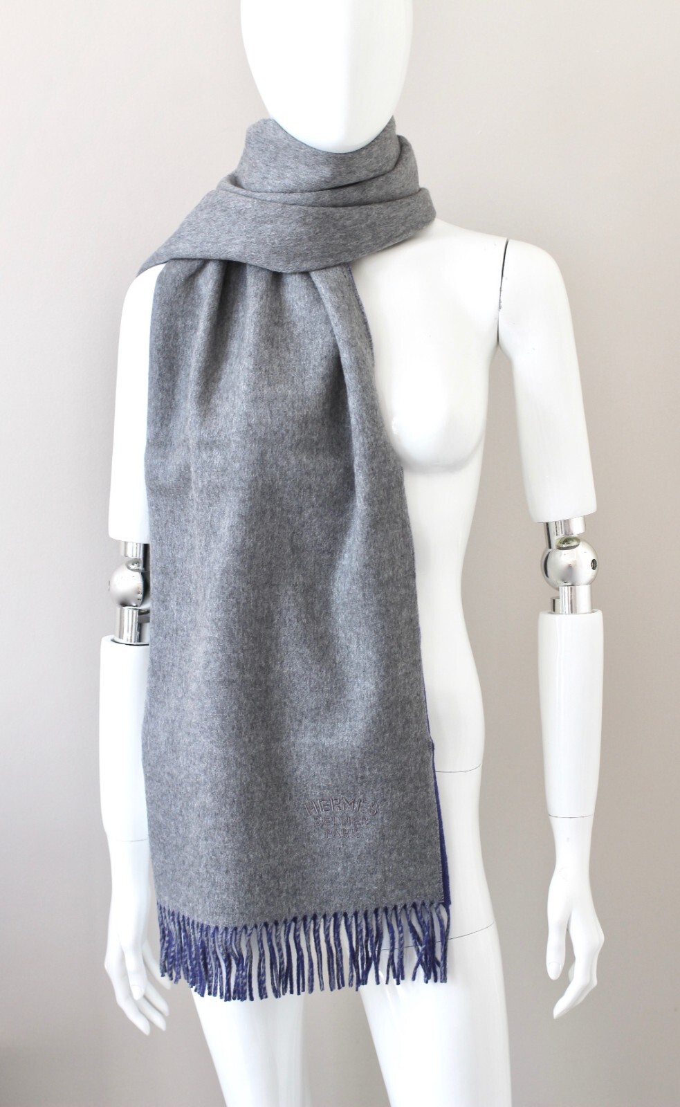 HERMES Double Face 100percent Cashmere wide big scarf stole grey blue jean 175x70cm image 3