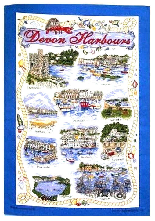 Devon Fishing Harbours Tea Towel Dartmouth Ilfracomb Brixham Paignton Souvenir