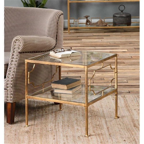 Uttermost Genell Contemporary Metal and Glass Cube Table in Gold/Clear - Picture 3 of 4