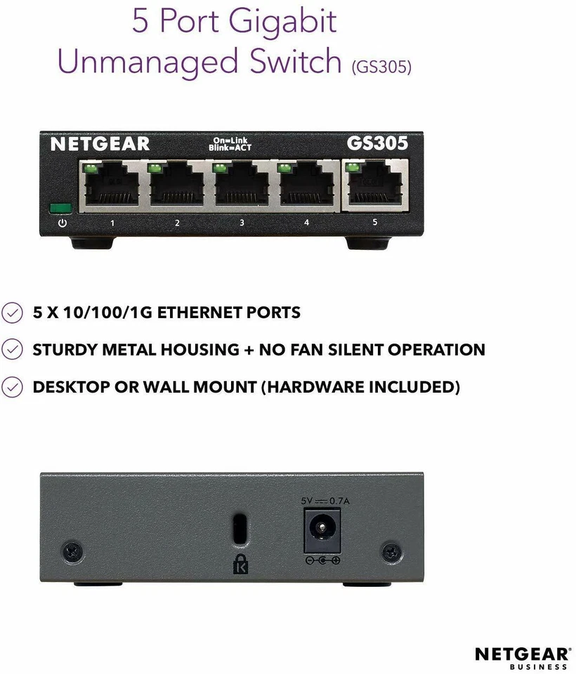 NETGEAR (GS305) 5-Port Gigabit Ethernet Switch - Sturdy Metal Fanless - Image 2 of 3