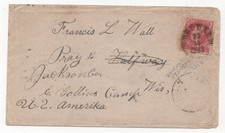 SWEDEN 1887 TO US FAINT HALF WAY WI DPO TRANSIT MARK TO COLLINS CAMP