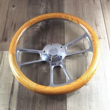 14" Inch Polished Muscle Steering Wheel Light Oak Wood Grip 5 Hole FS Button