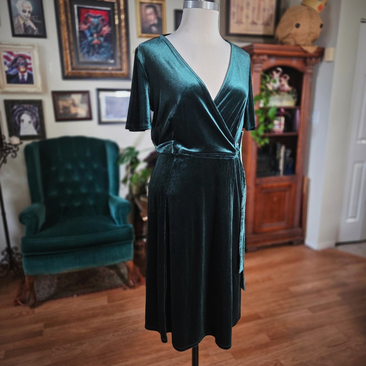 TACERA Petite Emerald Green Velvet Wrap Midi Dress Short Sleeve Tie Waist |  eBay