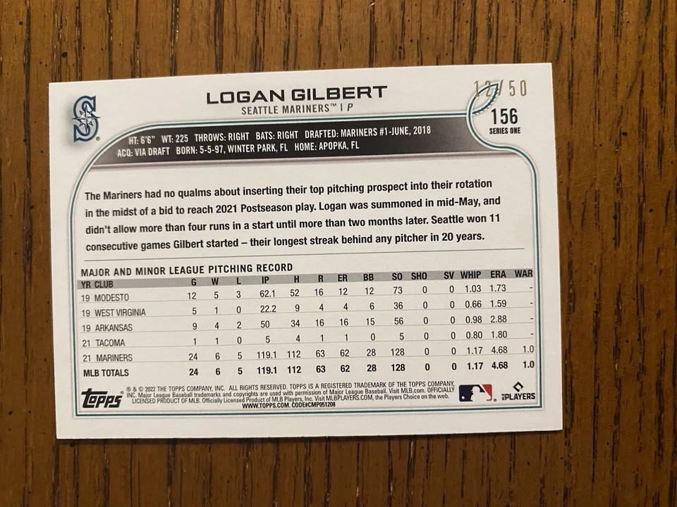2022 TOPPS 1st EDITION Logan Gilbert FUTURE STARS RED Foil /50 - Image 2 of 3