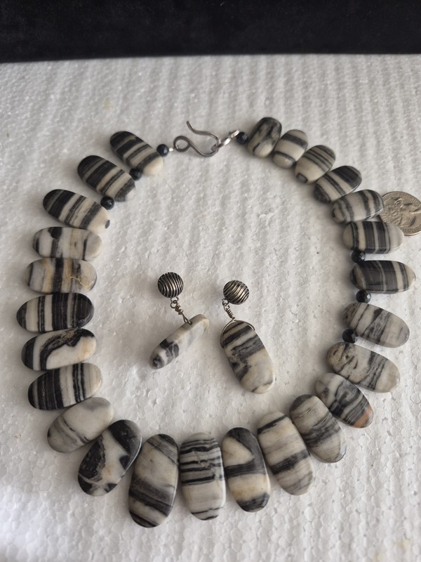 ​Vintage Black White Zebra Jasper Statement Necklace & Earrings Matching Set