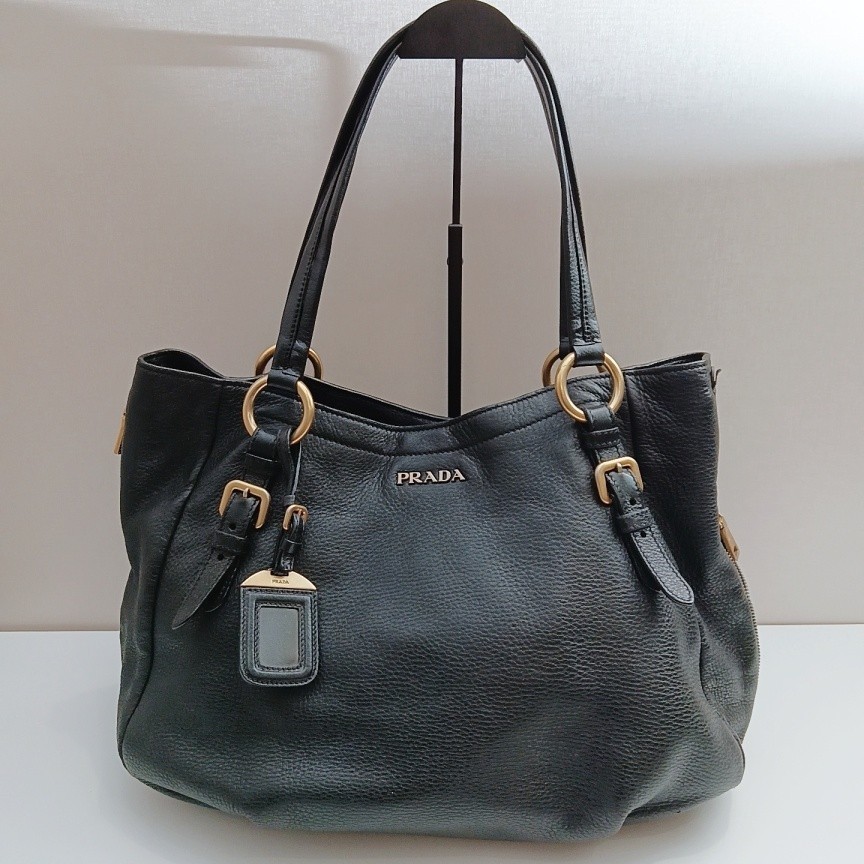Prada Calfskin Tote Shoulder Bag Black Gold Used Women Classic Fashion