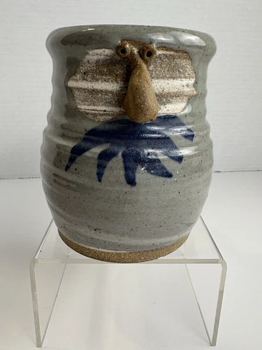 Vtg Handmade Stoneware Pottery Ugly Face Mug Signed Unique Whimsical Satirical