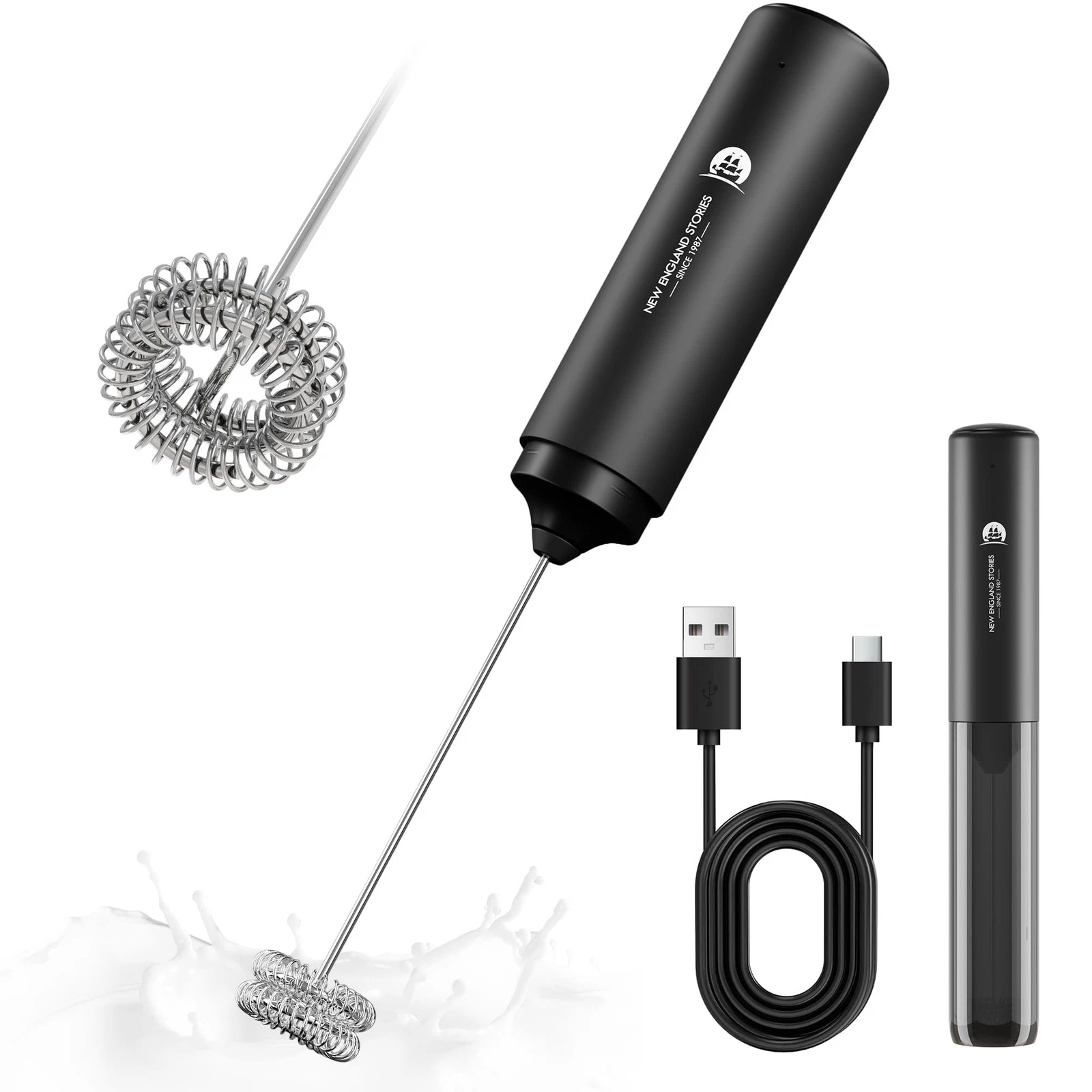 Rechargeable Milk Frother Handheld, 2-IN-1 Dual Spring Whisk Medium, Black
