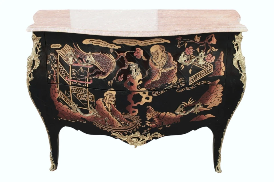 Elegante Cómoda Estilo Francés Luis XV Laca Negra Pintada a Mano Motivos Asiáticos Foto 2 de 4