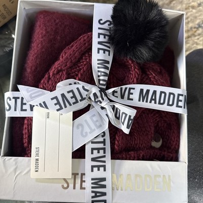 Steve Madden Hat & Scarf Set Women Burgundy Black Pom Pom  Set NWT