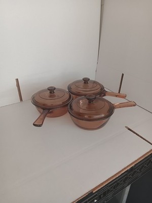 3 Visions Corning Ware Pyrex Glass .5L Sauce Pan Cookware Brown Amber & Lid P81C