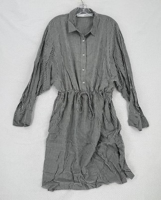 Iro Gray Striped Collared Drawstring Waist Long Sleeve Shirt Dress Sz 42 US 8