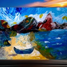 Original Gemälde Ruderboot Meereslandschaft Berg Kunstwerk Galapagos Insel...