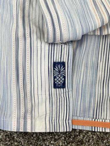 Tommy Bahama Button Shirt Mens L Short Sleeve Silk Tencel White Blue Striped - Picture 4 of 8