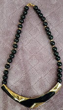 Vintage Statement Necklace Black Beads Gold Tone Rhinestone Curved Collar 17.5"