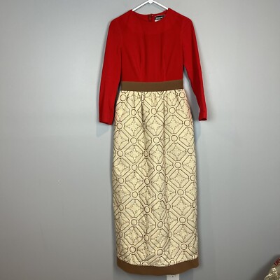 1960s Full Length Dress Jacques Tiffeau for Gossard Red Beige Size 8 Vintage